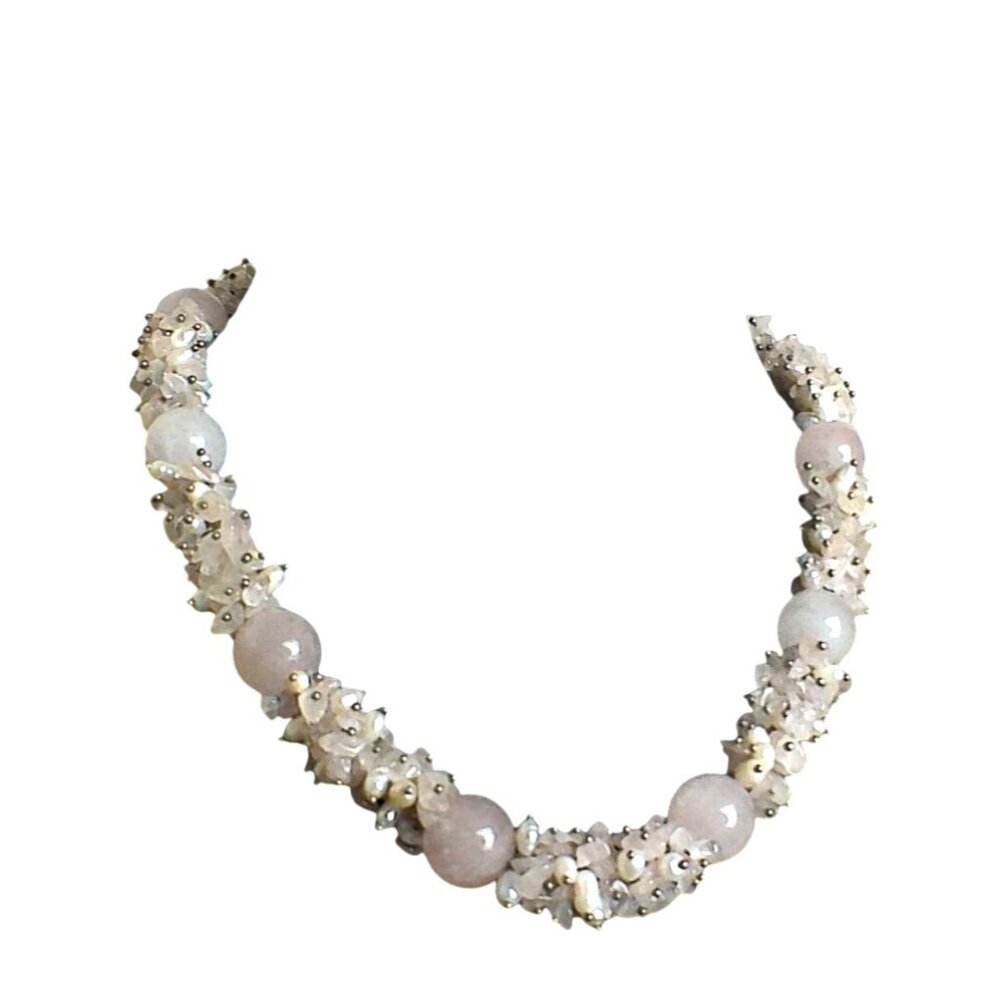 Vintage Rose Quartz & Quartz Crystal Beaded Necklace with Freshwater Pearl